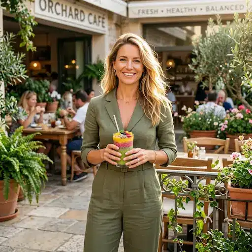 Sarah Mitchell, founder and recipe developer of SmartForkEats, smiling in her kitchen preparing a healthy, fat-burning metabolic meal.